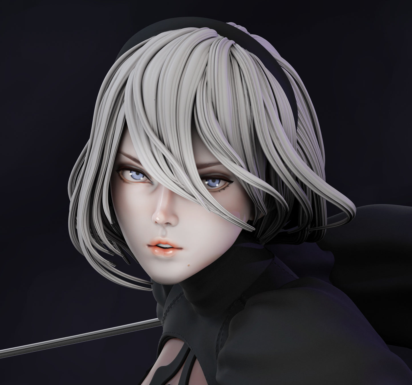 2B – Close-Up Portrait (Unmasked): Head render with blindfold removed, showing detailed facial sculpt and hair strands.