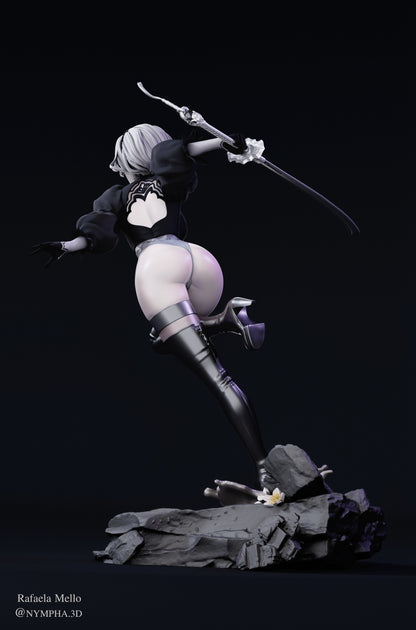 2B – Back View Render: Rear view showing her open-back dress, sword grip, and motion in her pose.