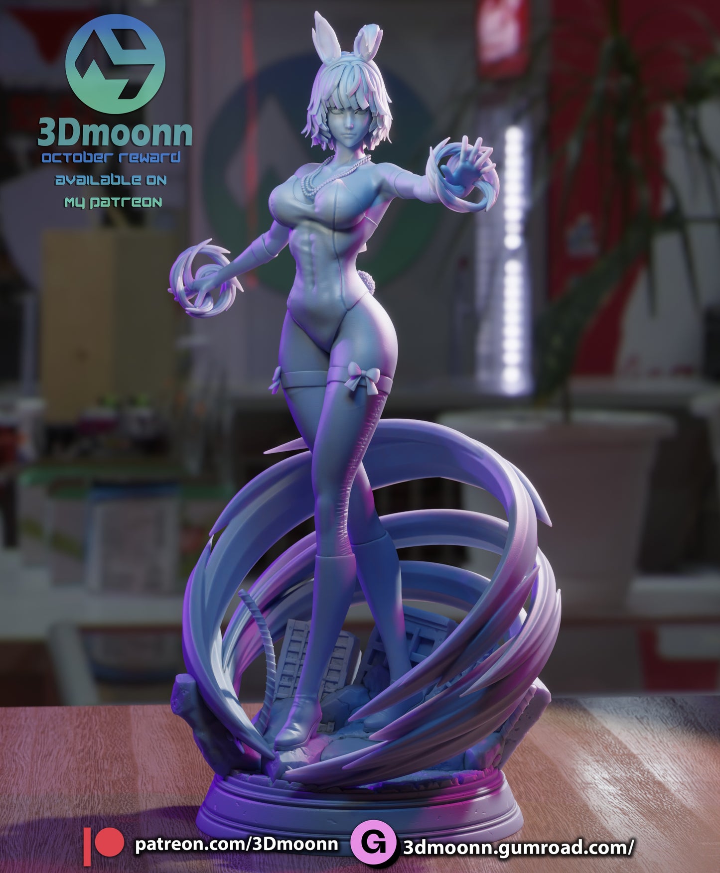 Alternate unpainted Fubuki bunny-suit version posed dynamically with psychic energy spirals and rubble base.