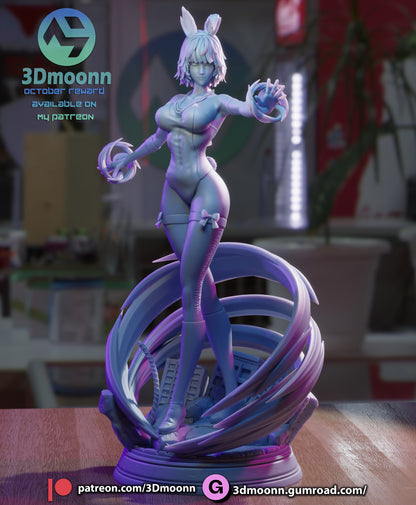 Alternate unpainted Fubuki bunny-suit version posed dynamically with psychic energy spirals and rubble base.