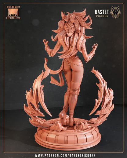 Rear view render of Dark Phoenix collectible showing long hair sculpt and energy flames wrapping base.