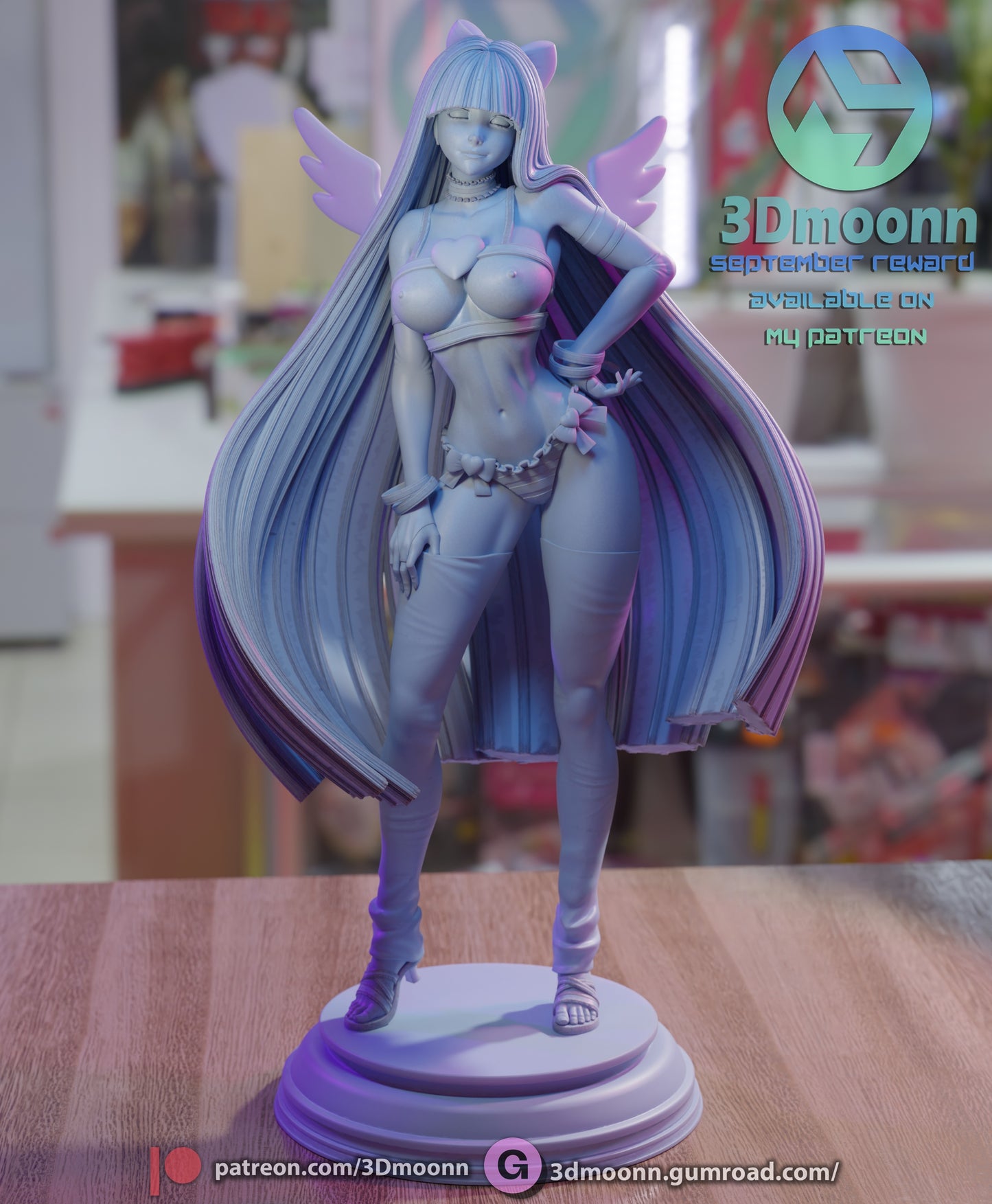 Stocking Panty and Stocking with Garterbelt 1:6 scale figure unpainted version with long flowing hair, wings, and bikini outfit on display base.