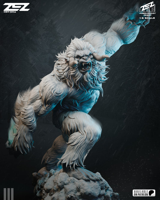 Yeti DC Comics collectible statue roaring on rocky base, massive fur-covered monster with raised arm, 1:6 scale display figure
