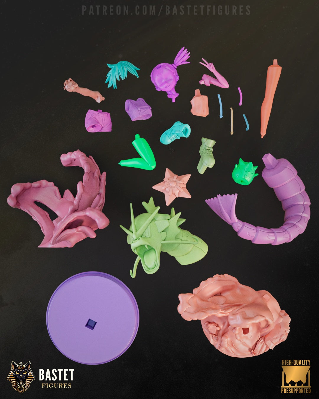 Misty Pocket Monsters figurine unassembled parts including Misty, Gyarados, Starmie, Togepi, water effects, and base – anime figure kit.