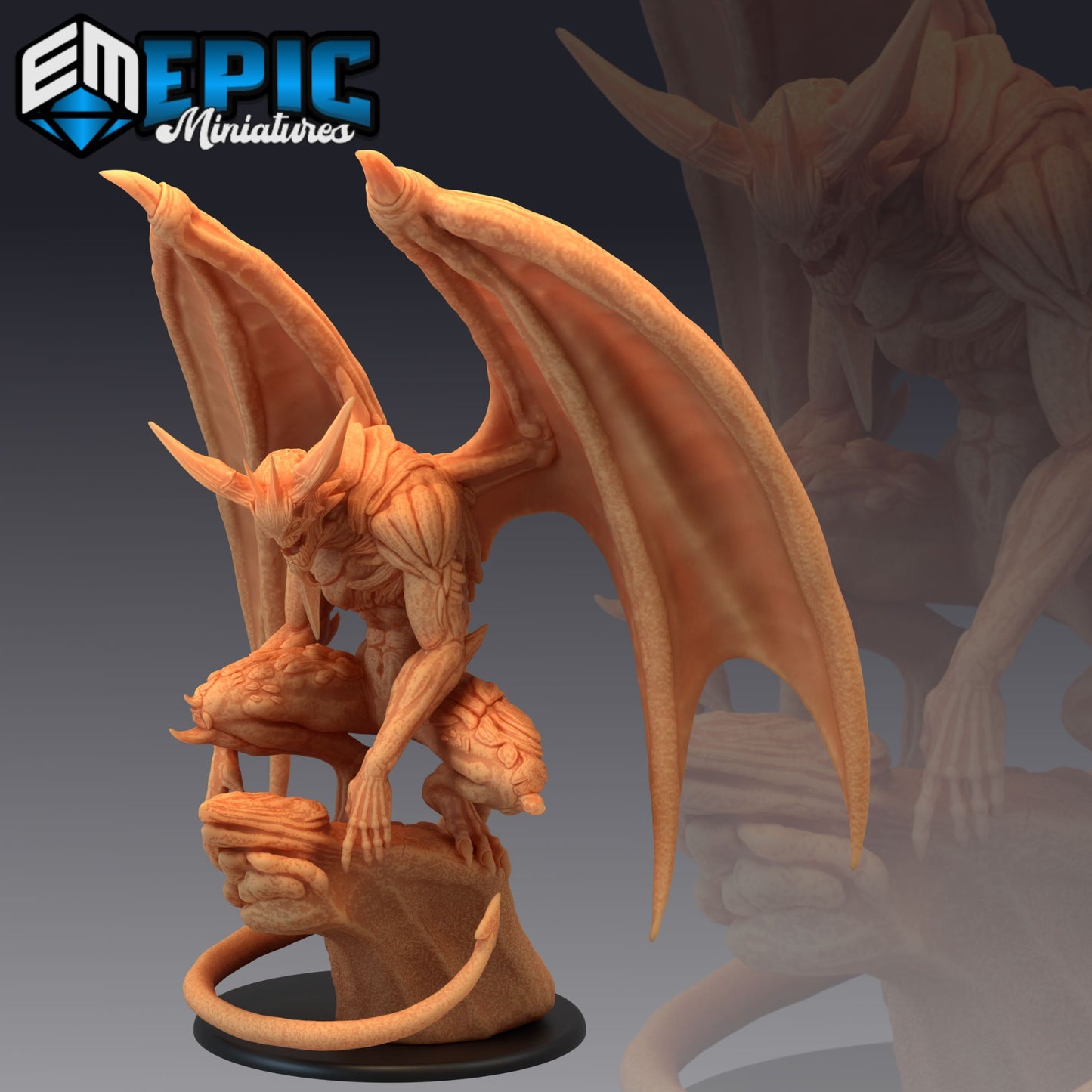 A detailed Satan miniature with large wings and sharp horns, crouched menacingly on a rocky terrain, embodying a powerful and fearsome figure in fantasy settings.