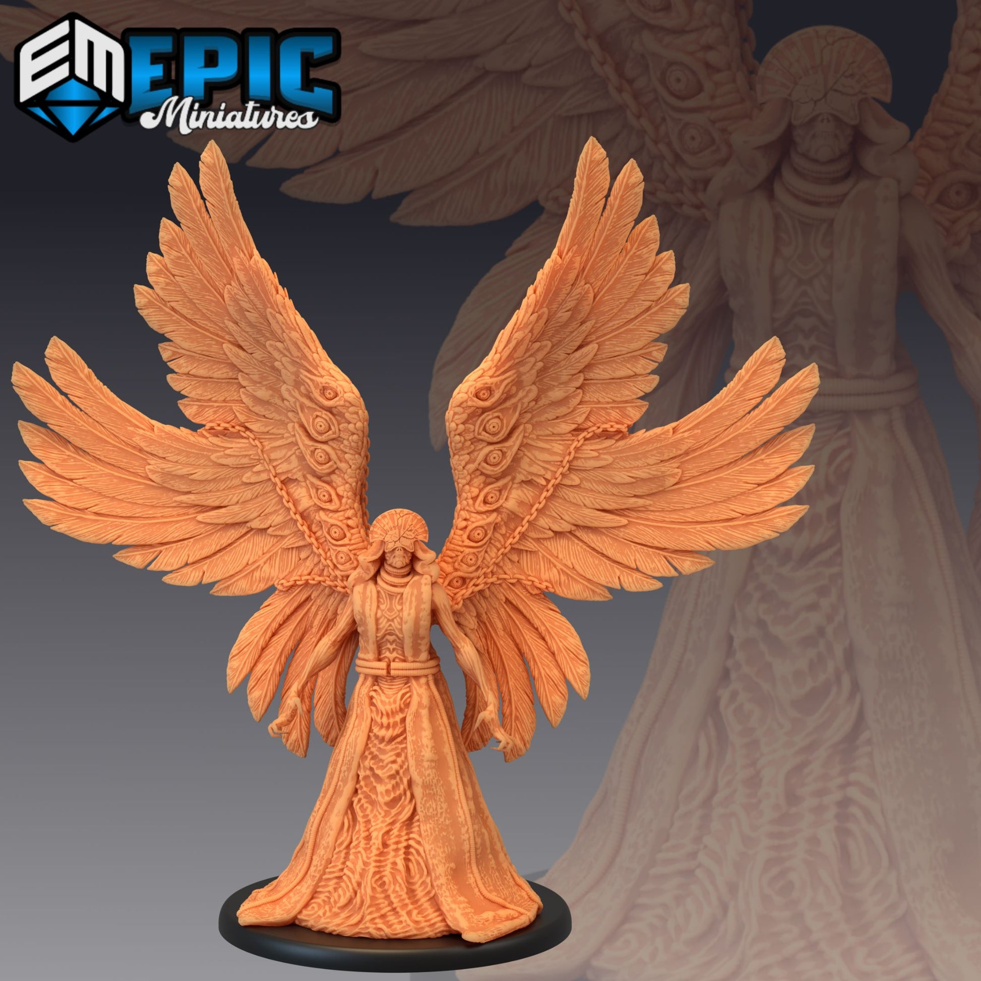 Front view of the Corrupted Seraphim, displaying large, detailed wings, standing in a composed, yet ominous posture with flowing robes.