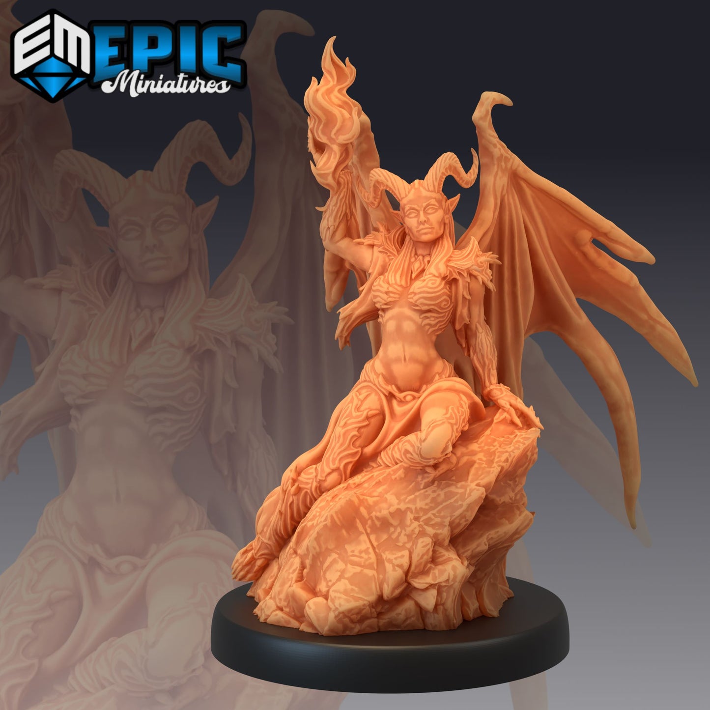 Devil Duchess sitting on a rock, holding a flame, with bat-like wings and demonic presence, suitable for games like Pathfinder.