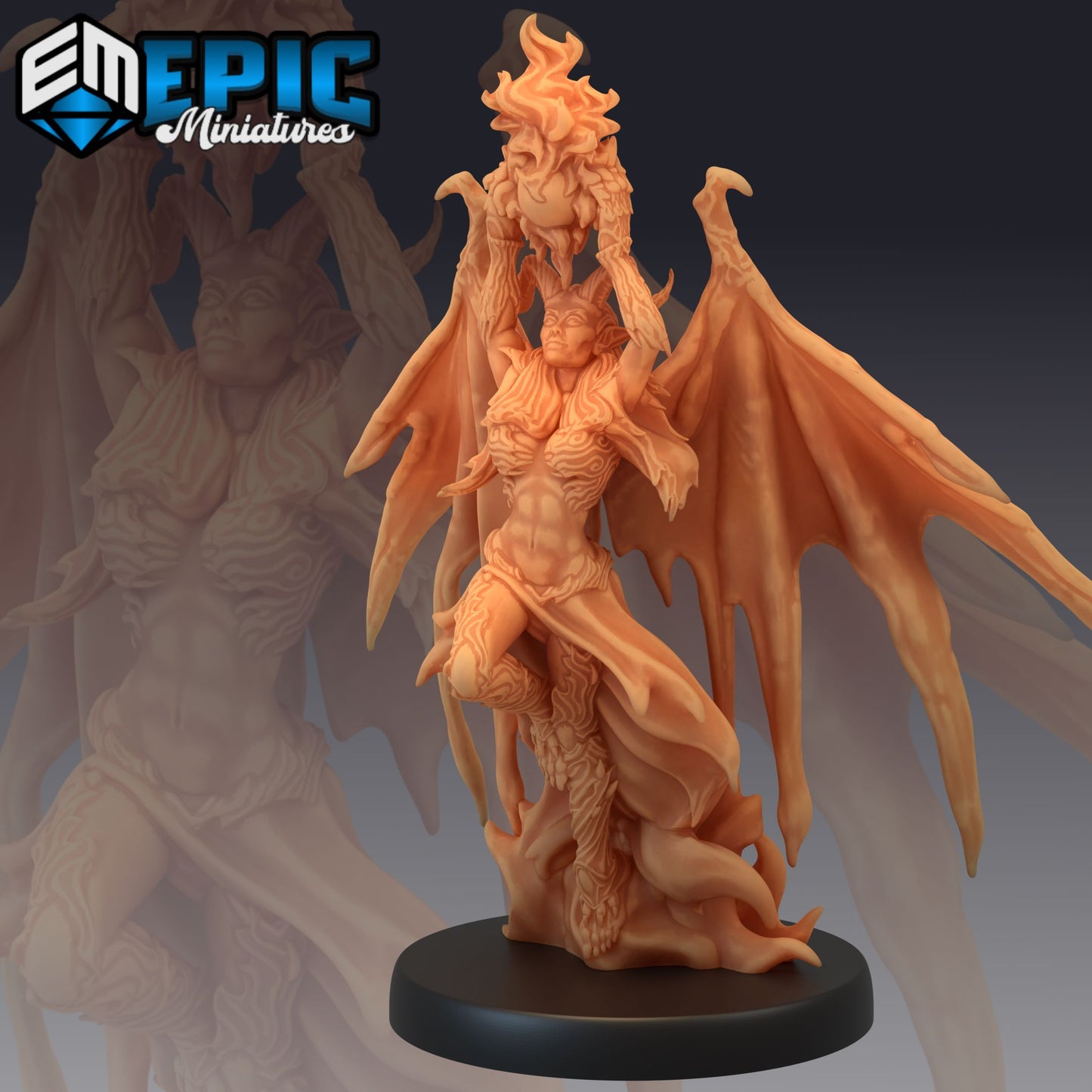 Devil Duchess in an upright pose, ready for action with flames and wings spread, ideal for infernal TTRPG scenarios.