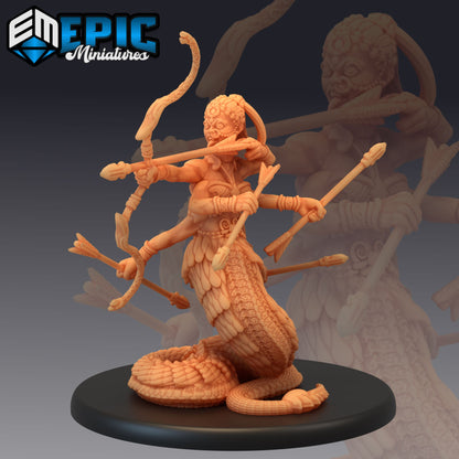 Marilith figurine aiming multiple bows simultaneously, emphasizing its multi-armed form and unique archery pose for fantasy TTRPGs like Pathfinder.