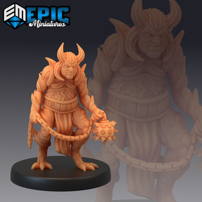 A brutal devil figure inspired by Horned Devils, gripping a spiked flail. This miniature exudes infernal strength with detailed armor and imposing horns.