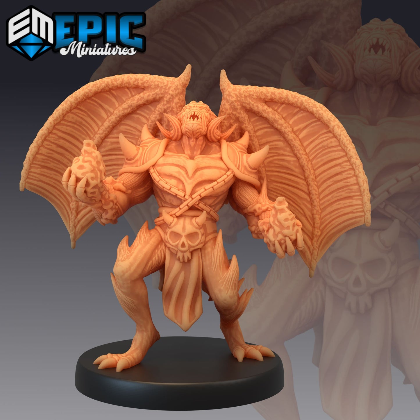 Horned devil miniature with wings, casting a spell with one hand, exuding demonic power.