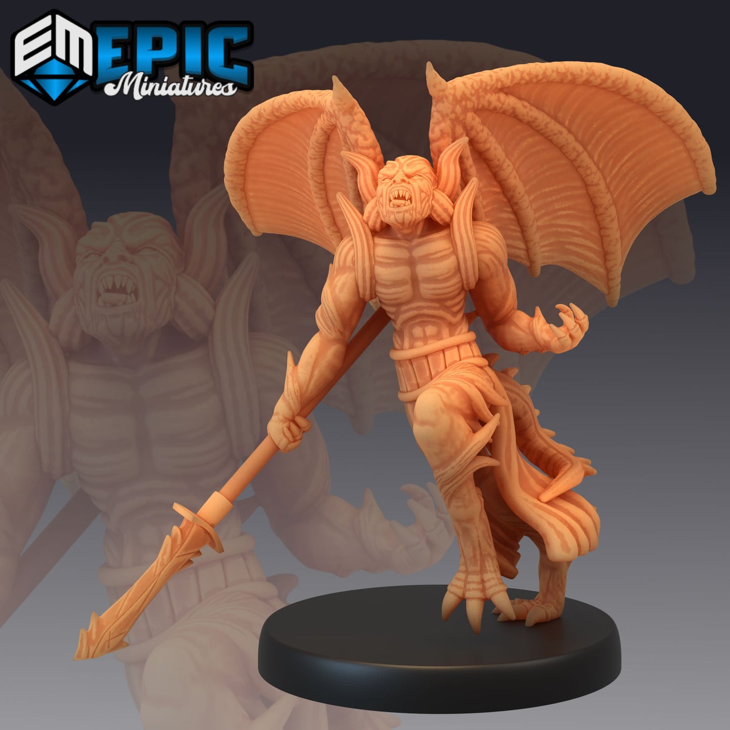 Winged devil armed with a spear, inspired by horned devils, posed ready to strike.