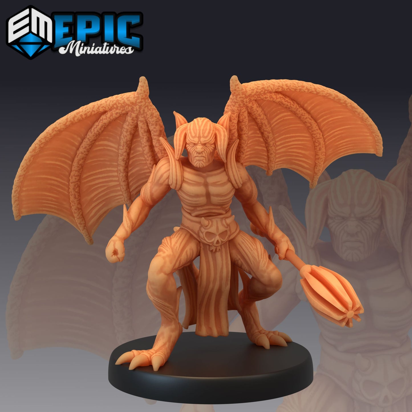 Fiendish horned devil miniature wielding a heavy mace, showcasing bat-like wings and fearsome armor.