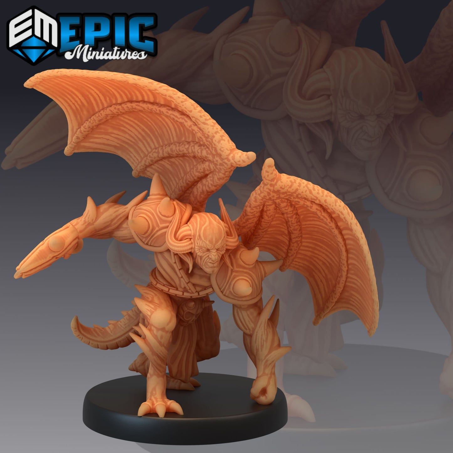 Winged devil warrior inspired by D&D’s horned devils, crouched with a menacing axe in hand.