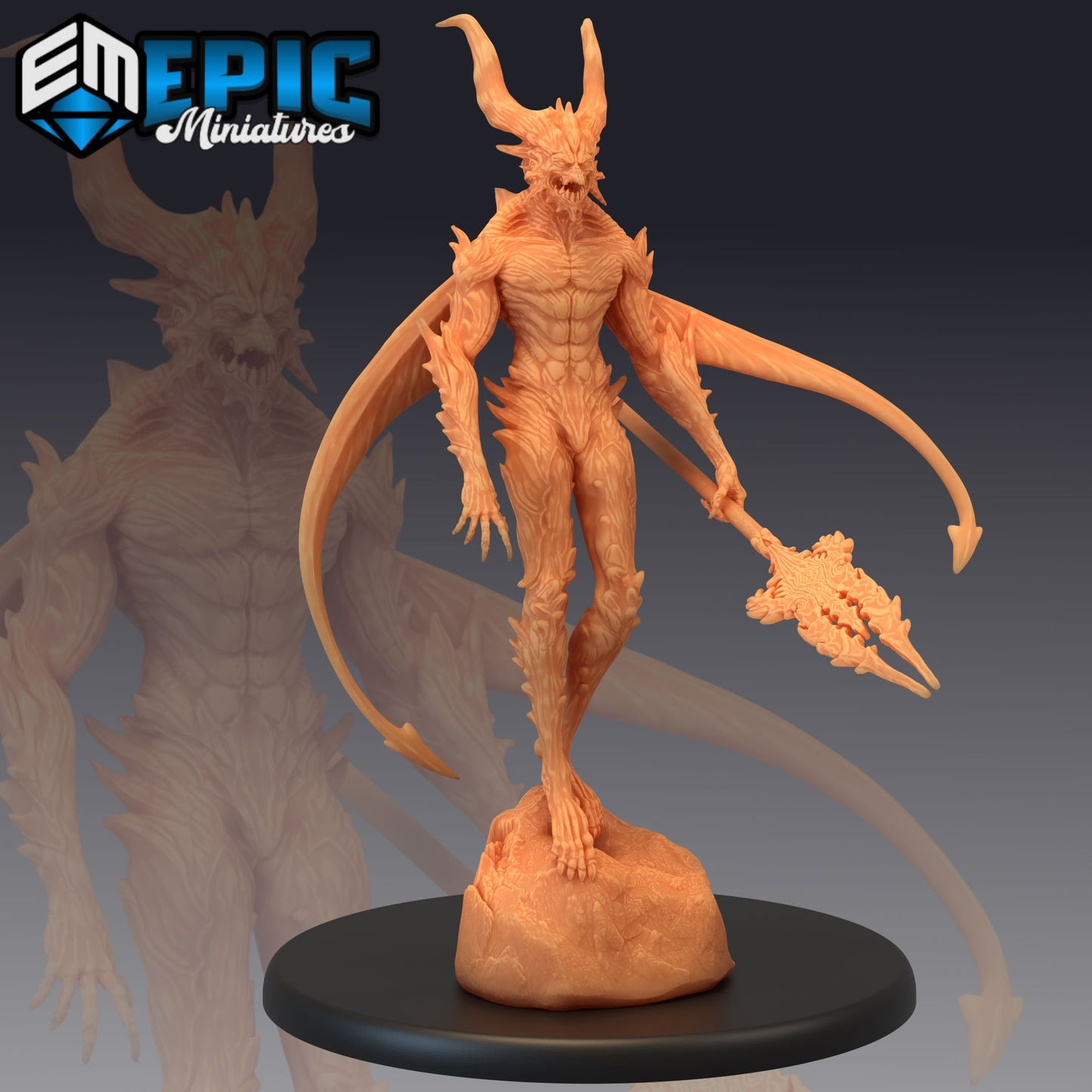 Arch Devil miniature armed with an infernal spear, standing atop a rocky base, complete with horns and bat wings, exuding authority and wrath.