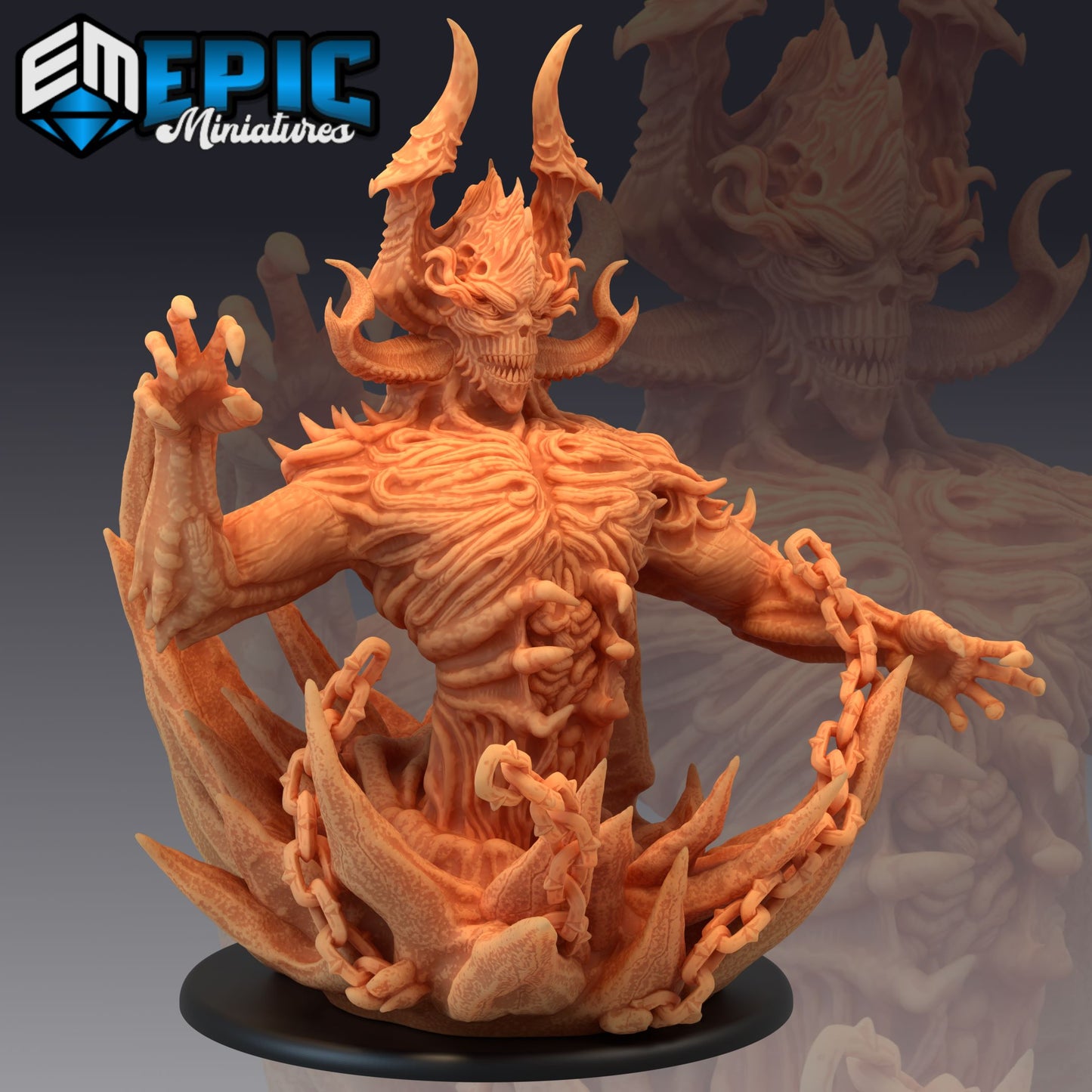 A detailed Belial miniature with twisted horns, skeletal features, and chains, rising from jagged ground, capturing the essence of a dark and infernal entity for fantasy settings.