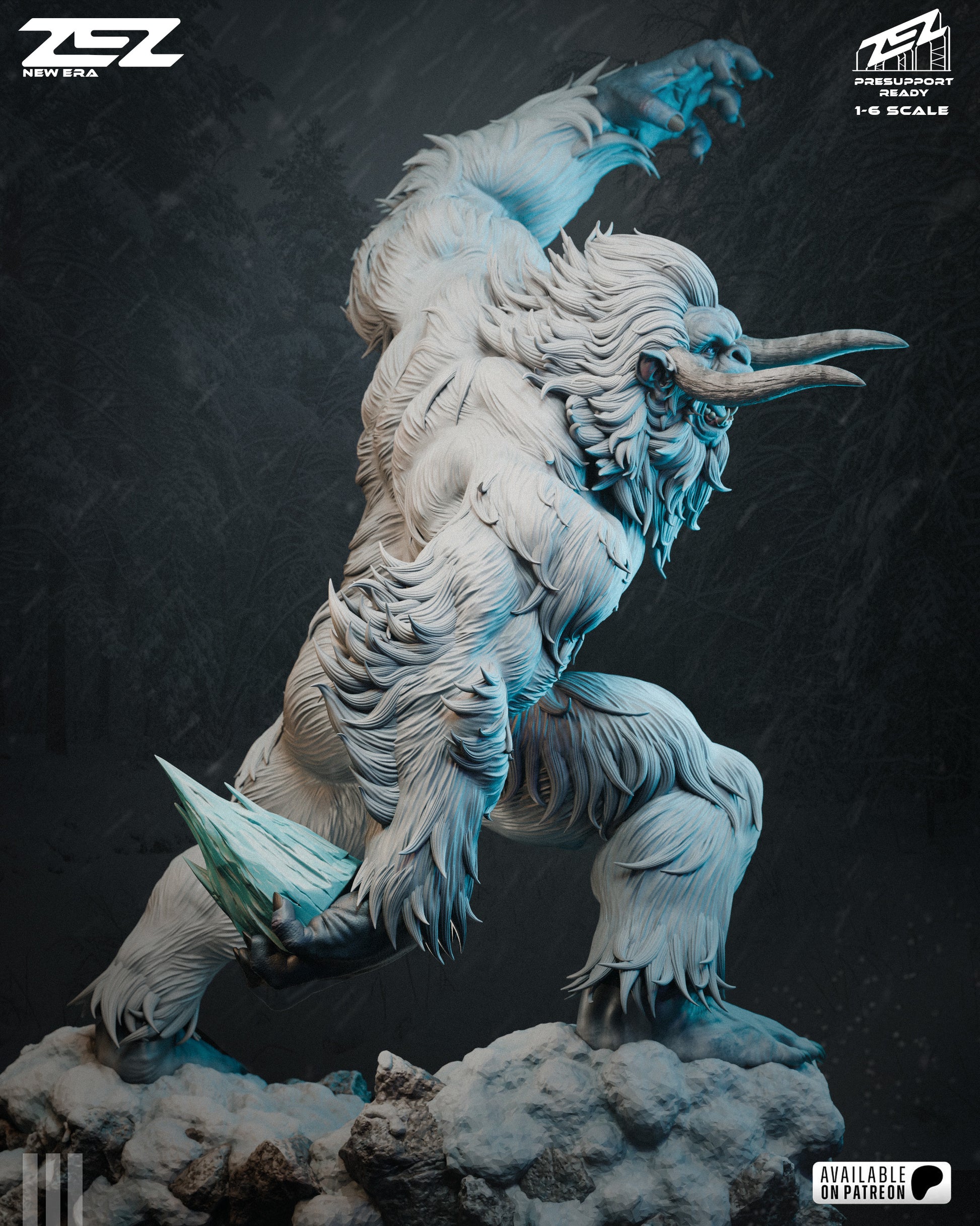 DC Comics Yeti statue side view showing dynamic pose, muscular build, layered fur sculpt, snow-covered terrain base