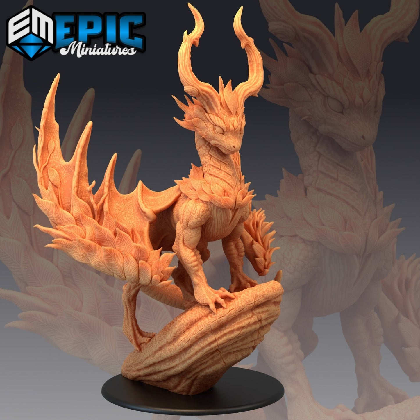 Guardian Leaf Dragon figurine striking a 'majestic guardian of nature' pose, complete with stylish antler-like horns and leafy scales – because dragons care about their foliage too.