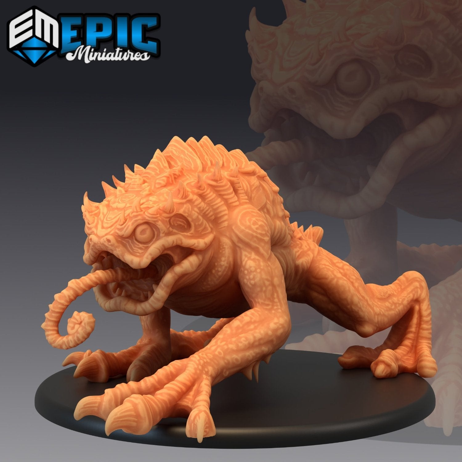 An enormous, grotesque Wuhnan Toad miniature, crouching with its long, curled tongue extended. This amphibious creature looks ready to gobble anything in sight—whether that's enemies or the adventurers' picnic lunch. Ideal for use in fantasy TTRPG settings.