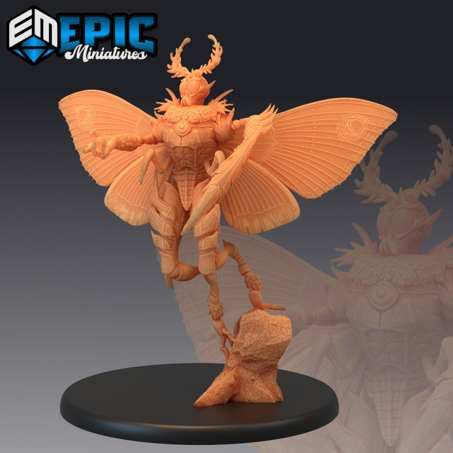 Moth Man miniature standing heroically on a rock, wings spread, with feels and detailed natural armor. Clearly, he's ready to 'wing' it in your next fantasy adventure.