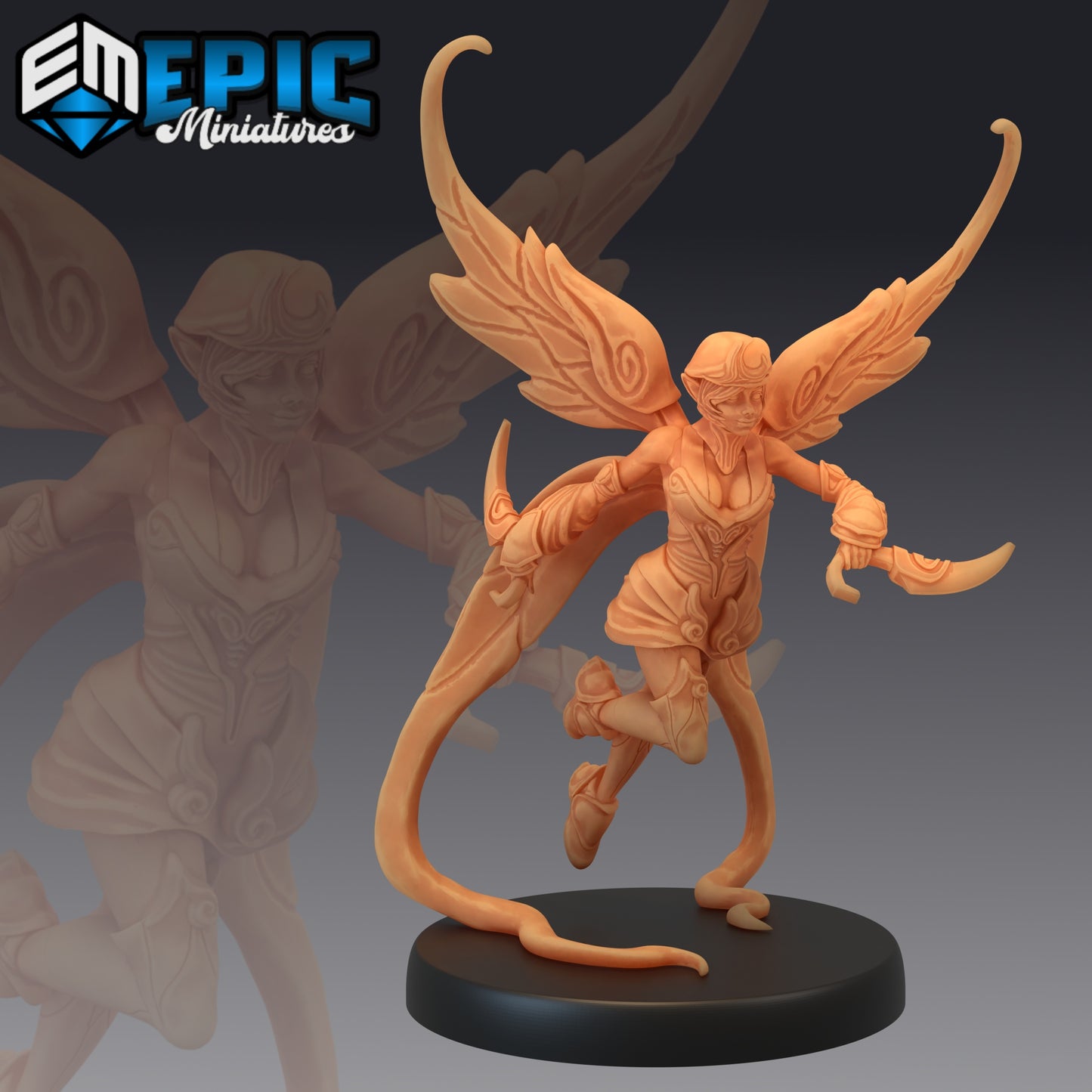 A fairy with ornate wings wielding daggers, showcasing an adventurous pose.