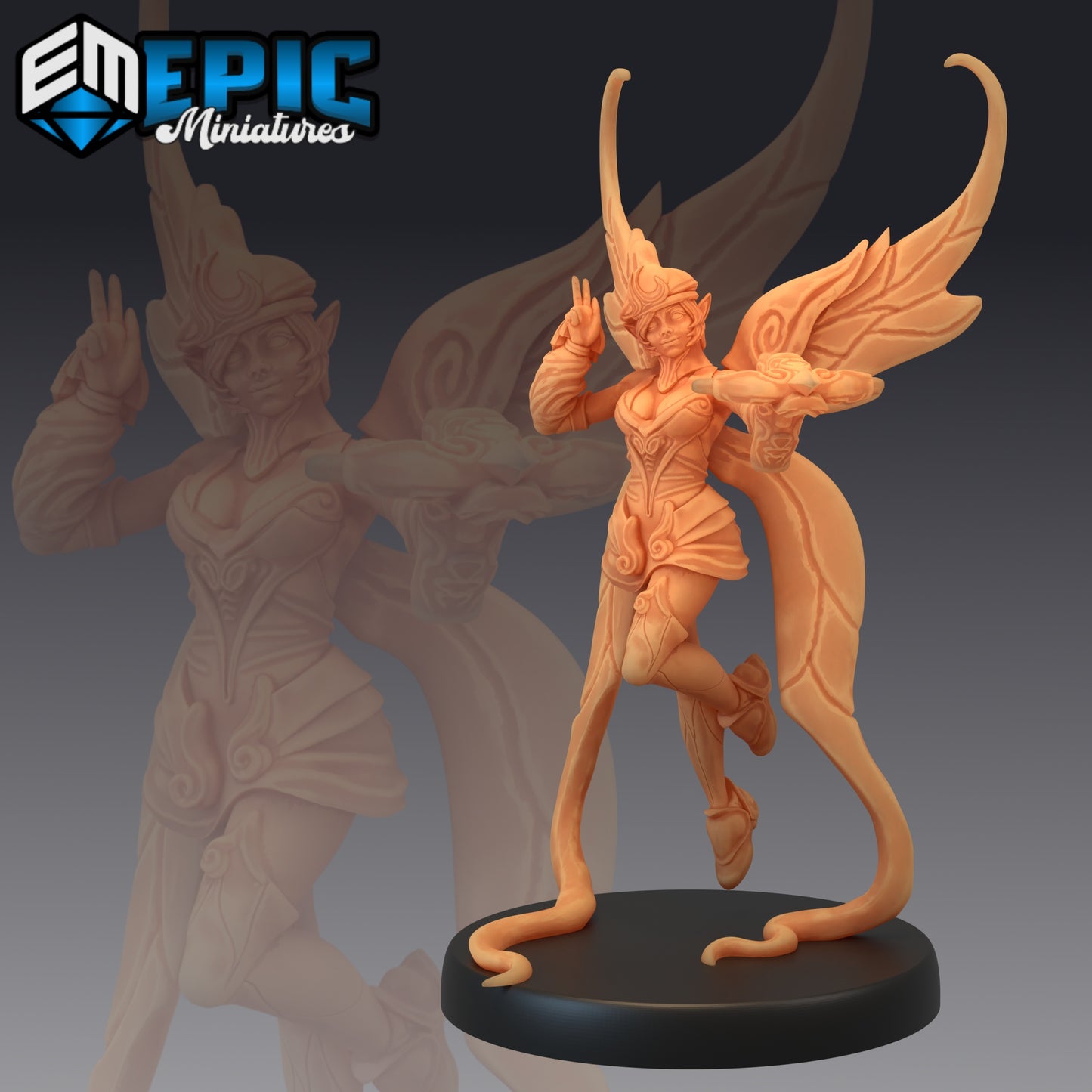 Fairy standing confidently with a crossbow, wings spread and prepared for action.