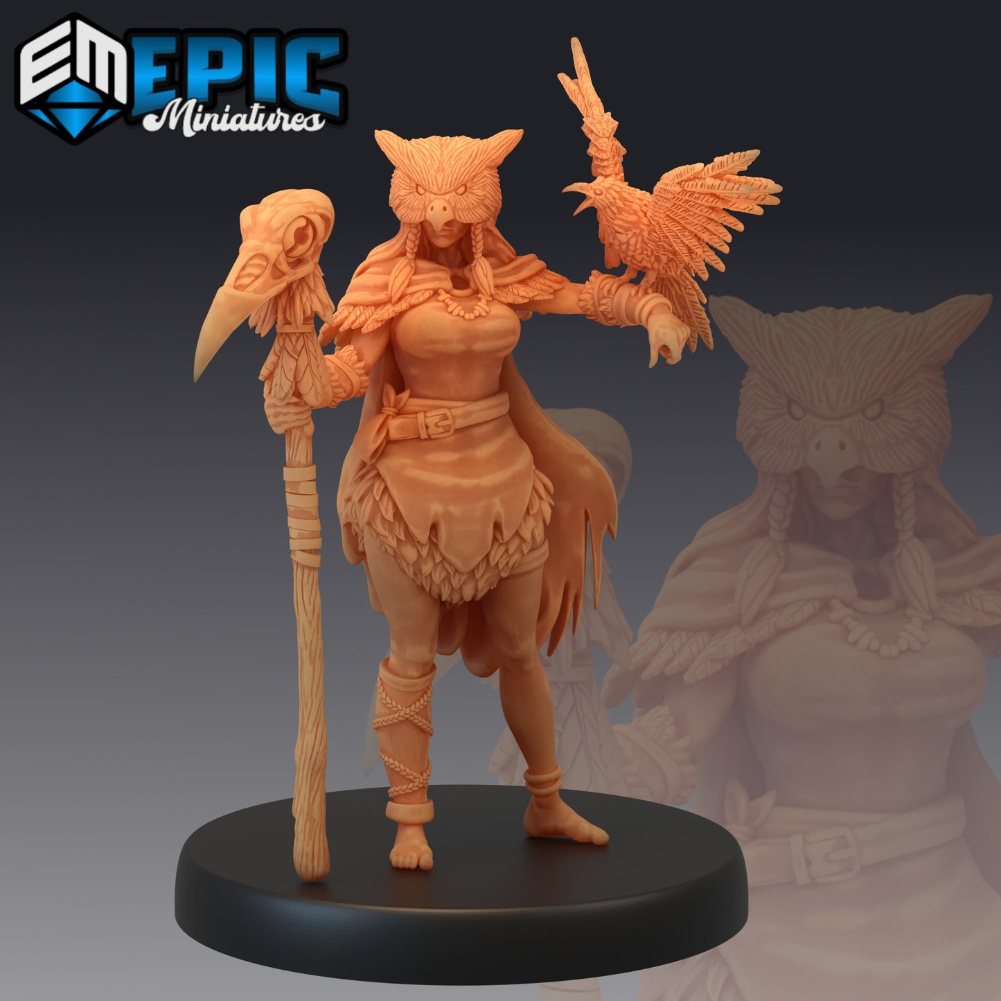 Owlbear Druid female figure, standing with an owl-headed staff in one hand and a bird perched on the other, wearing druidic clothing and an owlbear mask.