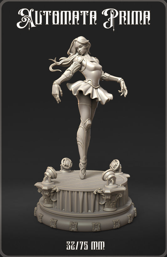 Front angle of Automata Prima warforged female bard figure mid-performance on a round platform with columns and lights, perfect for Dungeons & Dragons encounters.