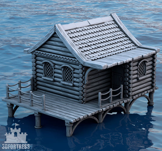 3D model of a medieval village house with a tiled roof and a wooden platform over the water