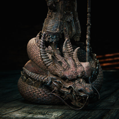 Close-up of Wukong's coiled dragon base, showcasing intricate scales and textures in rich detail.