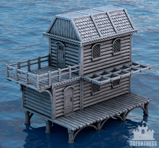 Front view of a modular medieval coastal house with a raised foundation, wooden deck, and a detachable roof.