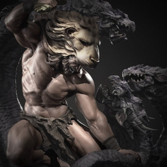 Front view of Hercules with a lion-headed visage battling the Hydra, gripping a blade in one hand, surrounded by coiling Hydra heads.