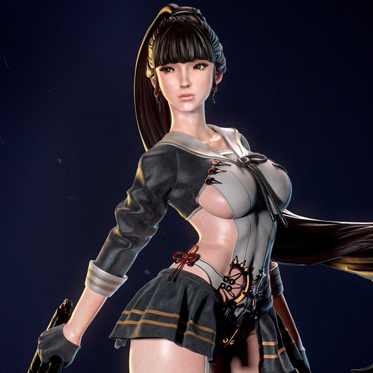 Eve Figure – Painted Render: Colored render of Eve highlighting detailed textures of her outfit, long ponytail, and weapon in a futuristic aesthetic.