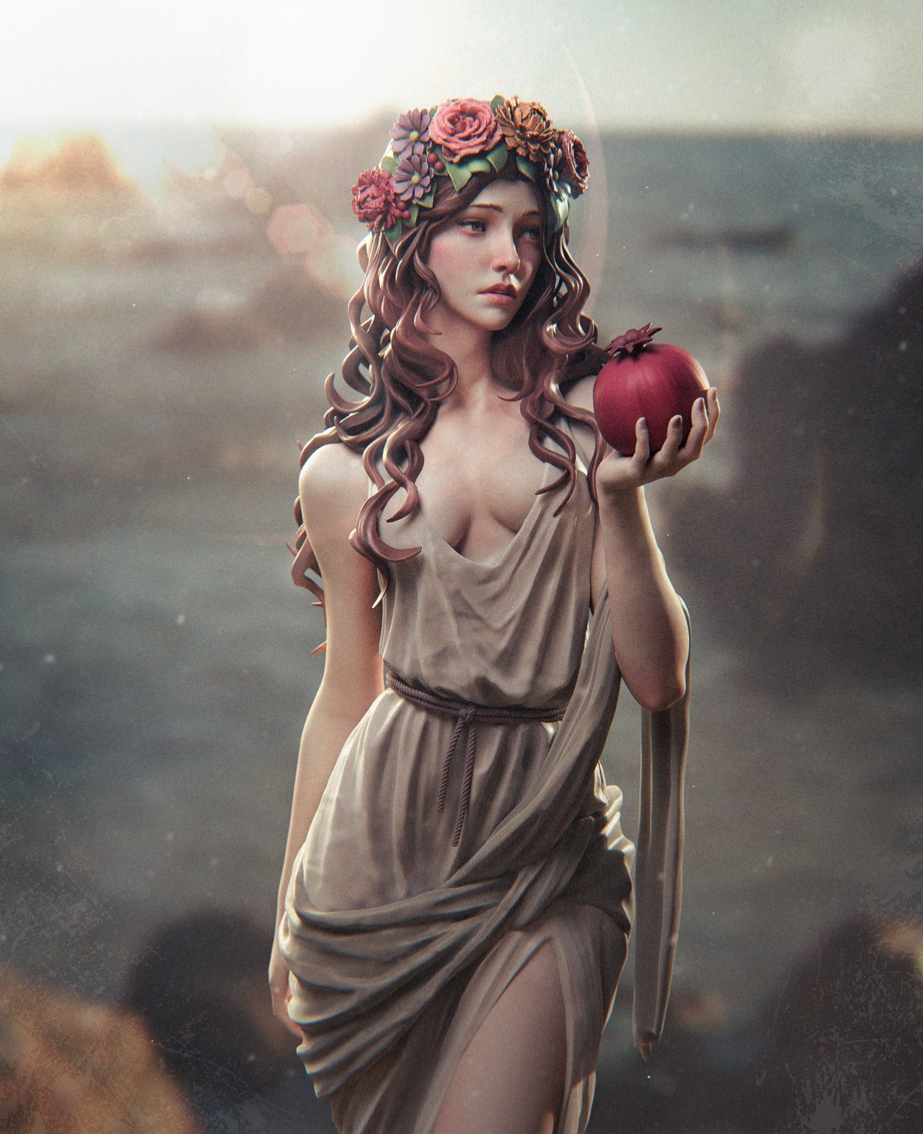 Persephone figurine close-up, adorned with a floral crown, holding a pomegranate, embodying her duality as a goddess of life and queen of the underworld.