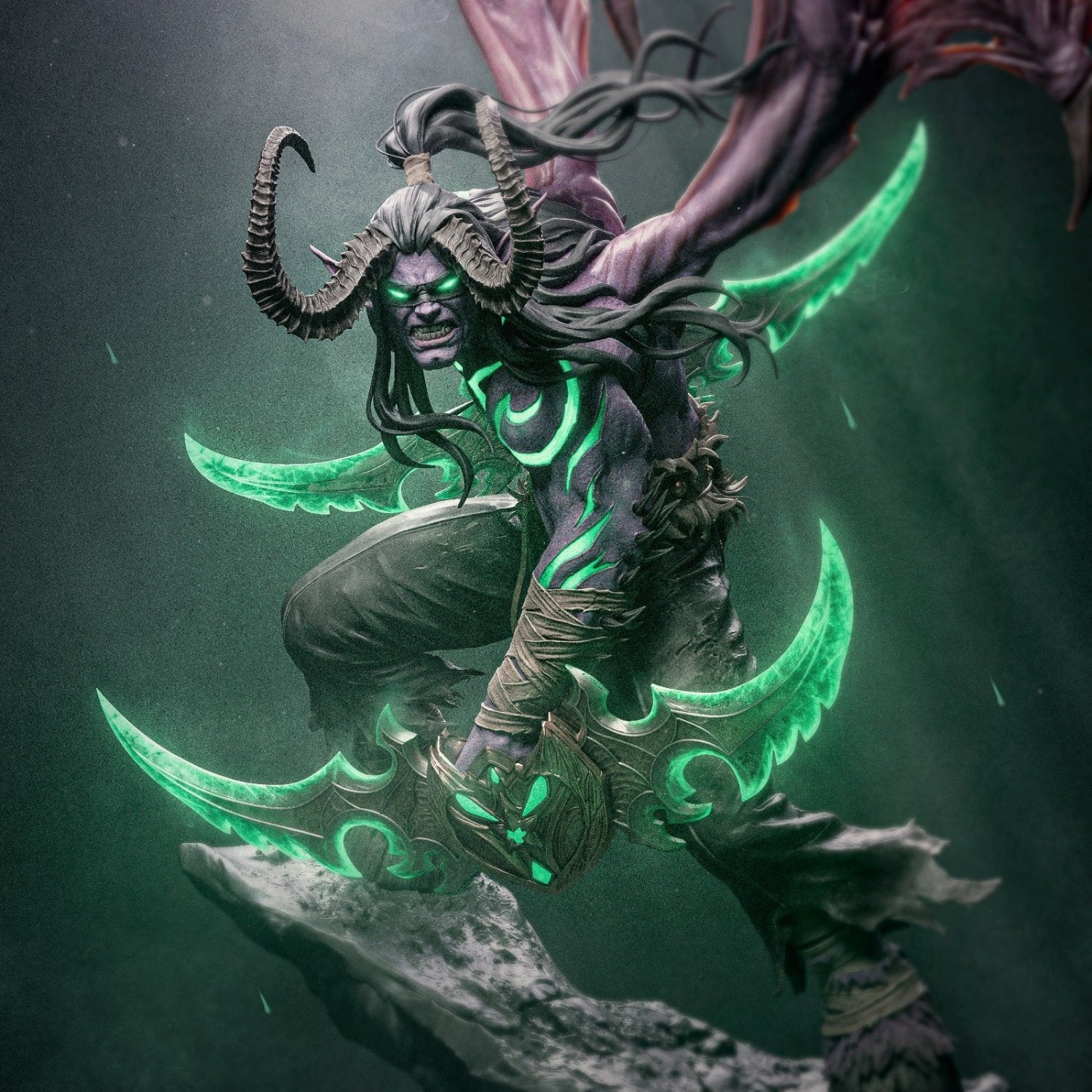 Front view of a demon-hunter figurine with horns, dual blades, and a crouched pose.