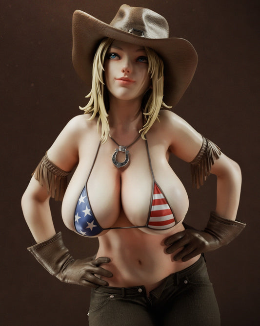 Close-up of Tina Armstrong's front, wearing a cowboy hat and an American flag bikini top.