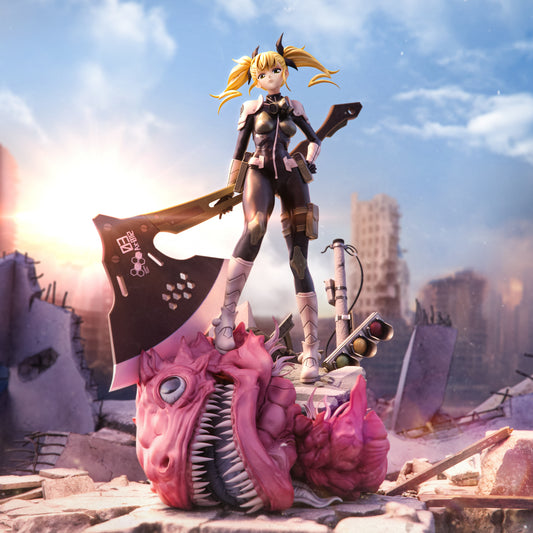 Front view of Shinomiya Kikoru figure standing atop a slain kaiju, holding a massive battle axe in a post-apocalyptic cityscape.