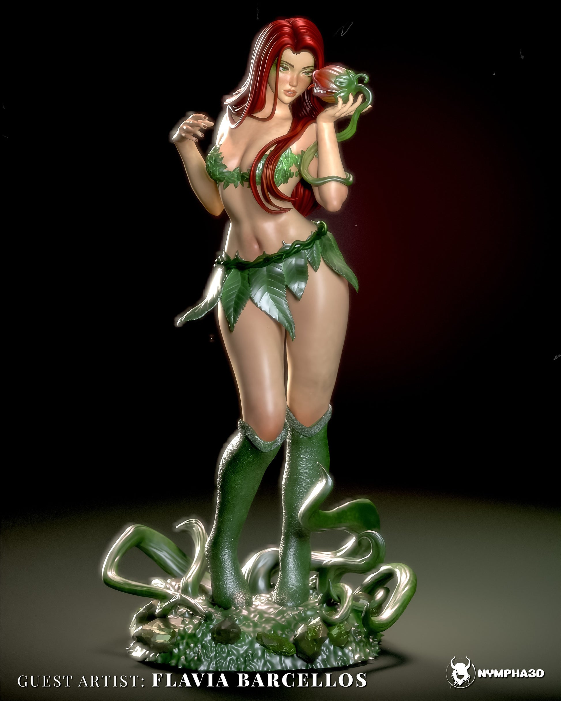 Poison Ivy collectible figure in her classic leaf attire, posed gracefully while holding a flower with vine accents around her legs and base; DC Comics villain 1:6 scale statue.