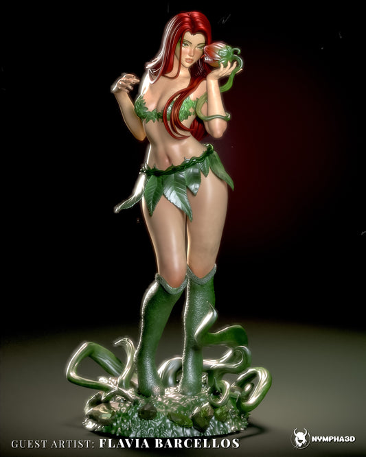 Poison Ivy collectible figure in her classic leaf attire, posed gracefully while holding a flower with vine accents around her legs and base; DC Comics villain 1:6 scale statue.