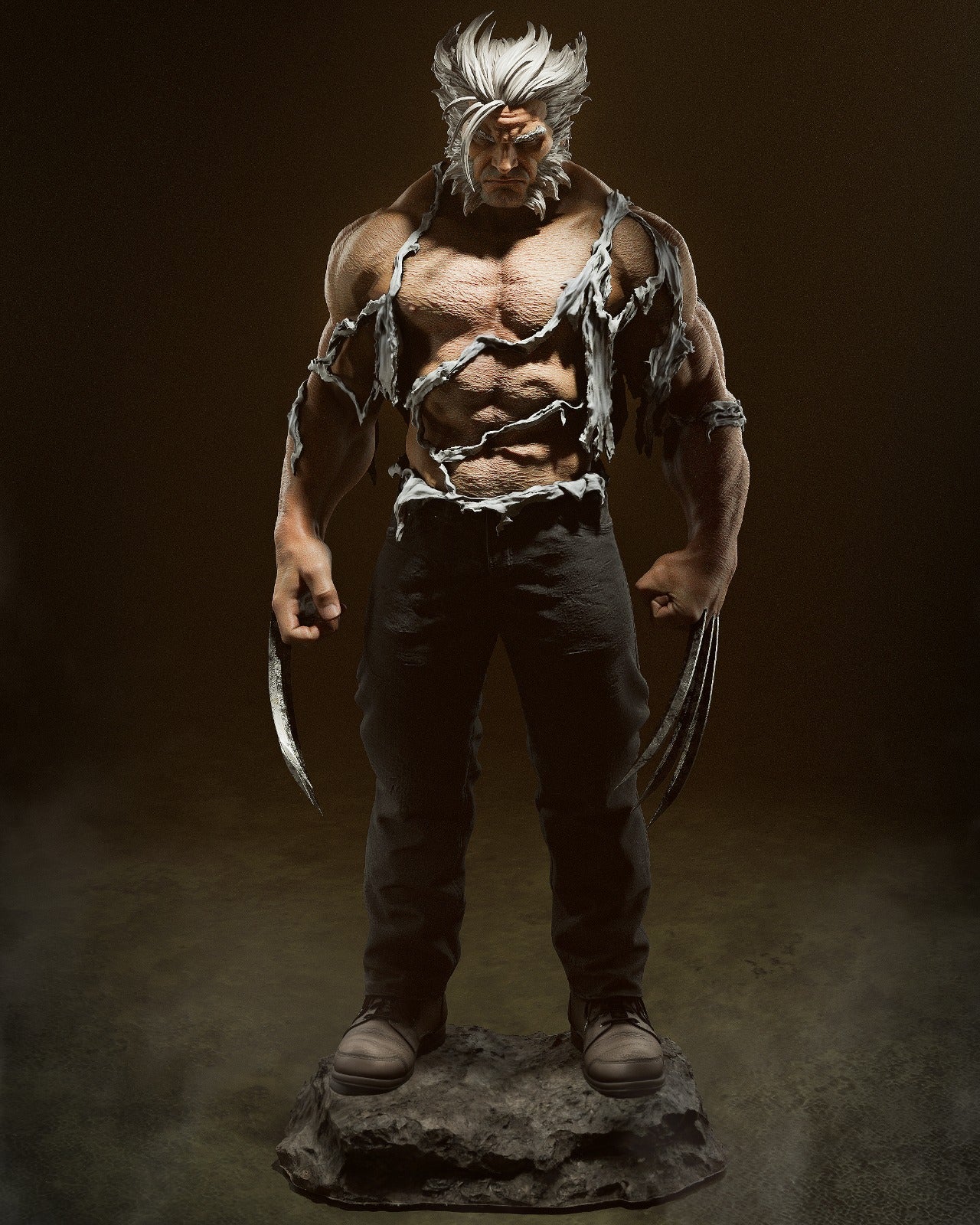 Full-body view of Old Man Logan standing resolutely, his claws unsheathed, with ripped clothes emphasizing his unrelenting combat history.