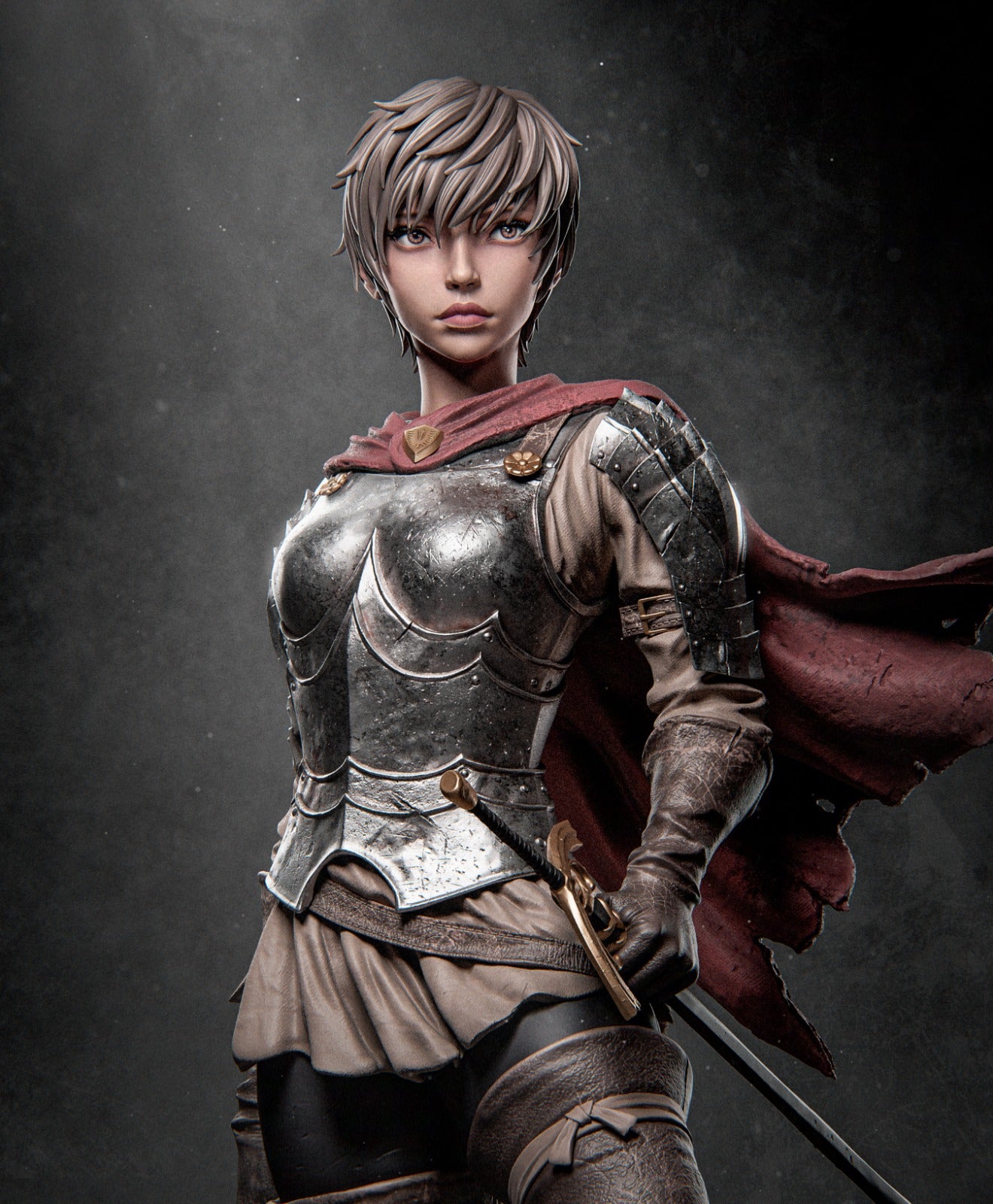 Close-up of Casca from Berserk, wearing detailed armor and a cape, holding her sword with a resolute expression.