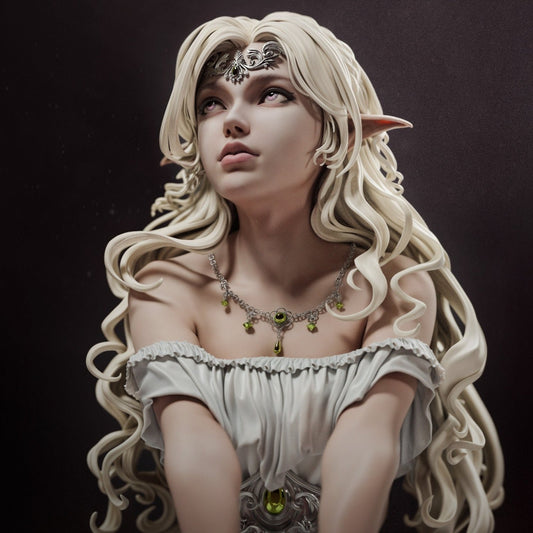 Close-up of the Elf Princess figurine’s face and jewelry, showcasing her serene expression and detailed accessories.