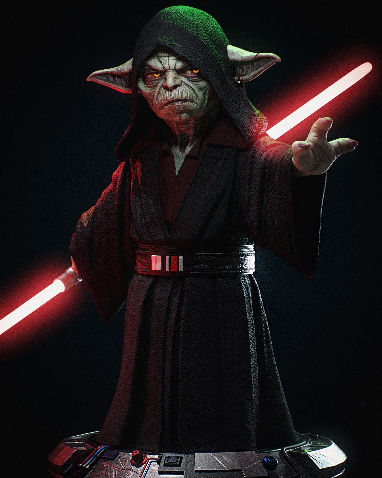 "Darth Yoda" collectible statue in full view, holding a glowing red lightsaber, wearing a hooded robe.