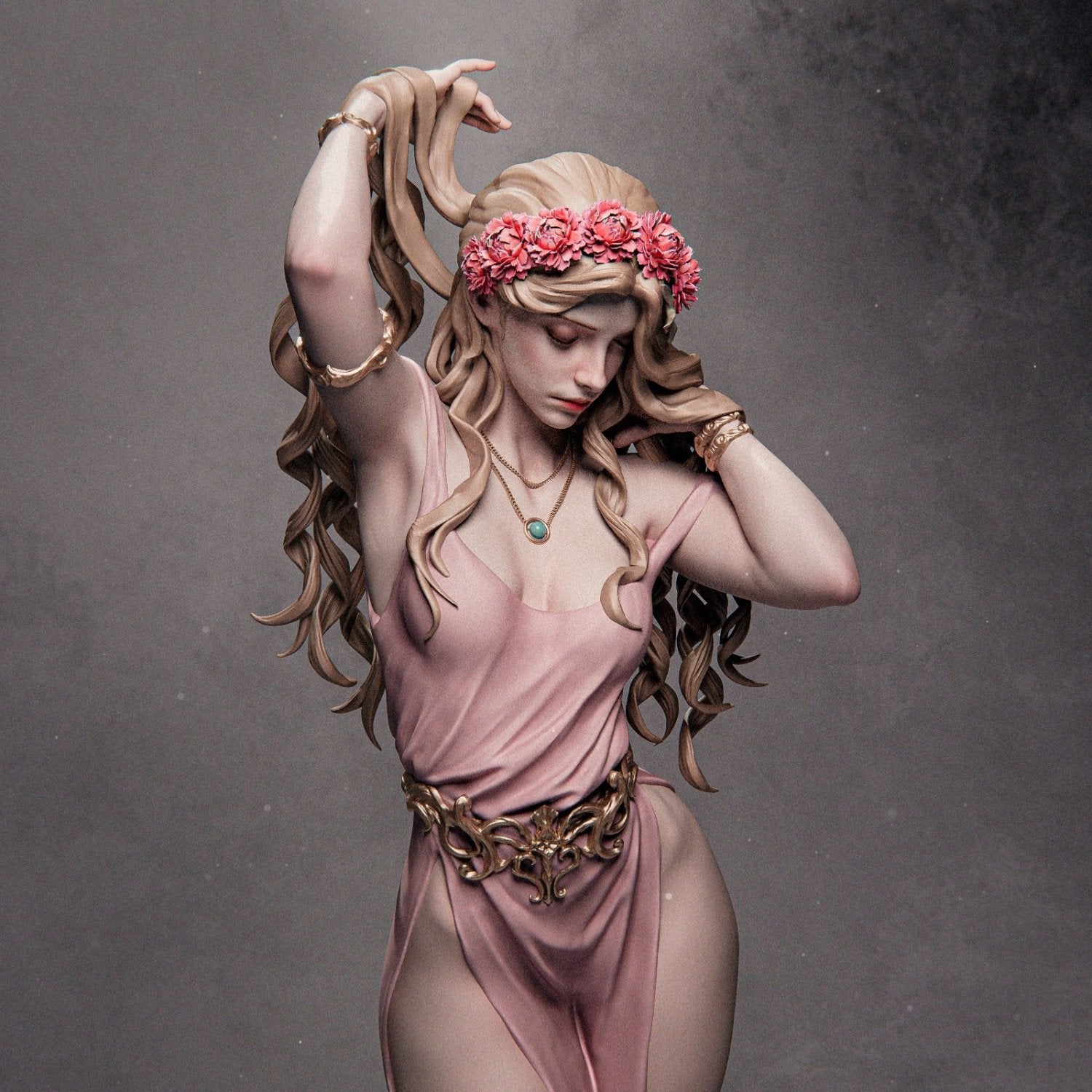 Close-up of Aphrodite historical figurine showing intricate details of her floral crown, flowing hair, and draped gown.