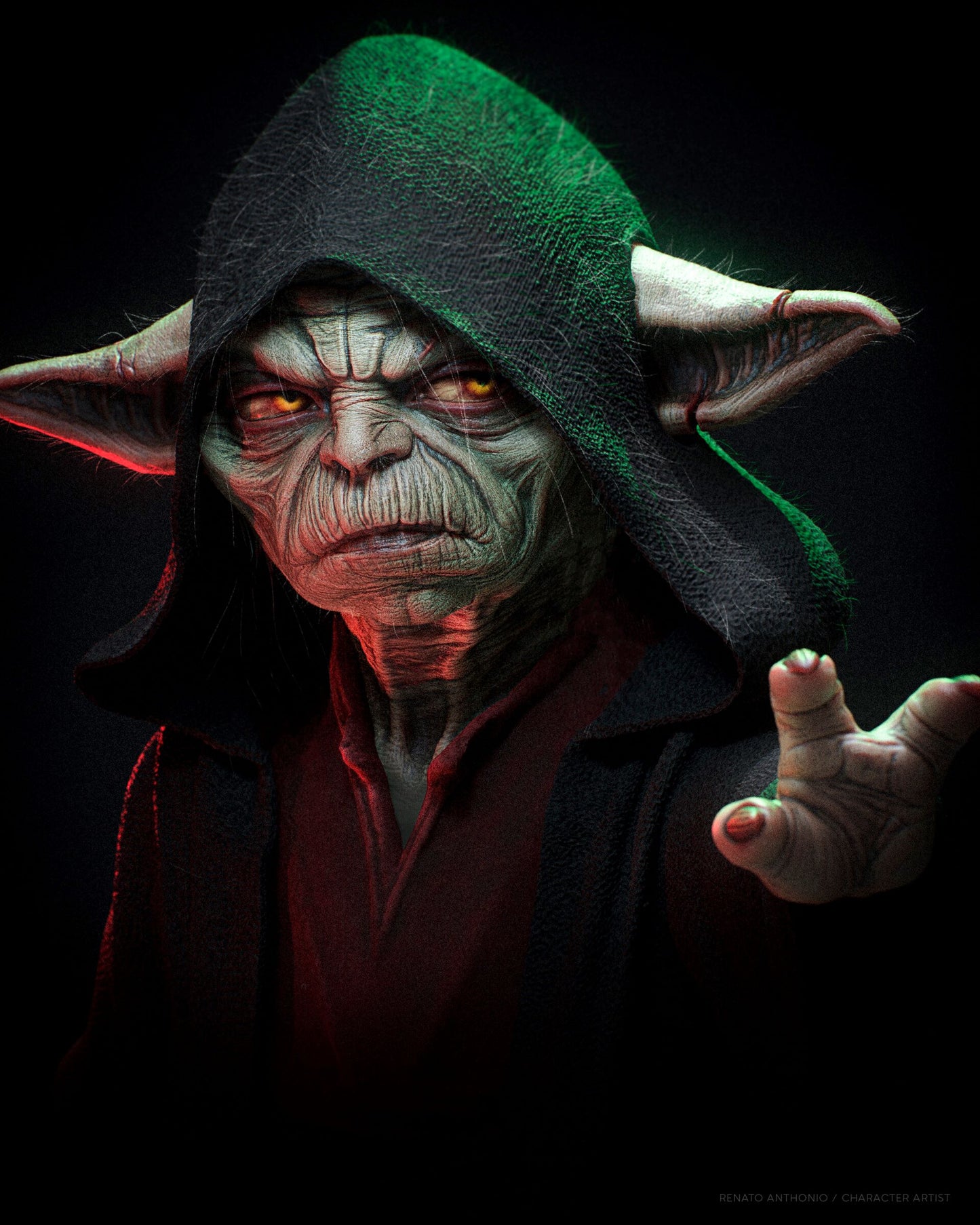 Close-up view of "Darth Yoda" with a dark hooded robe and intense expression, reaching out with a menacing gesture.