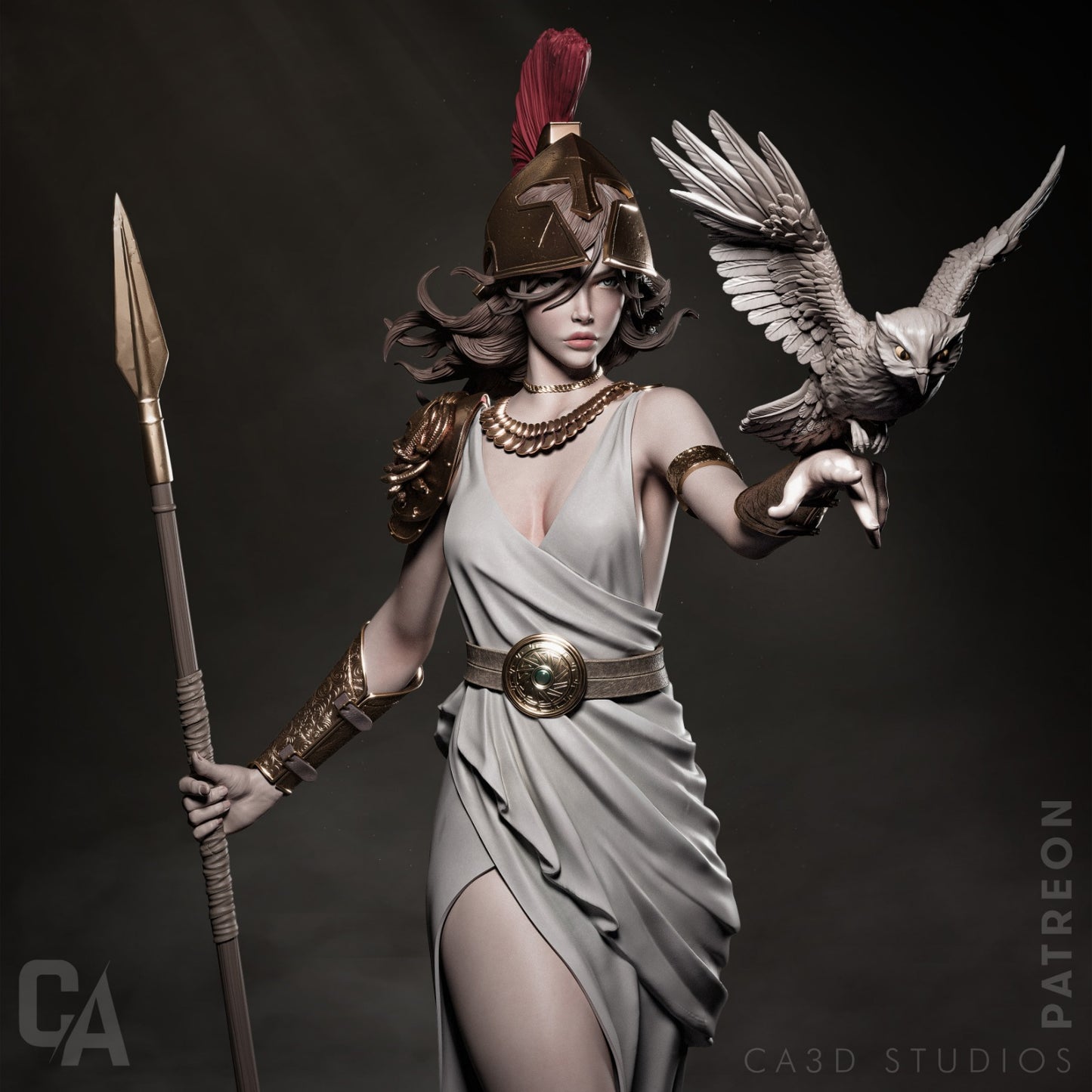 Athena holding a spear and an owl, wearing a flowing gown with detailed golden armor.