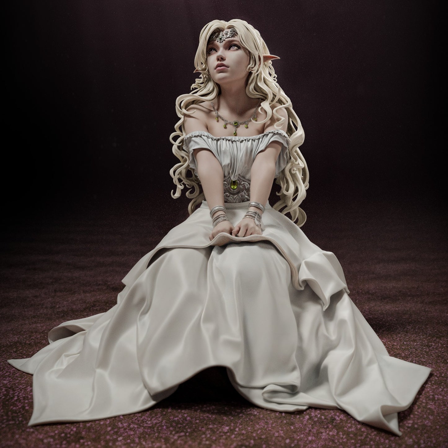 Seated Elf Princess figurine with flowing hair, hands clasped, and detailed gown, perfect for painting or collecting.