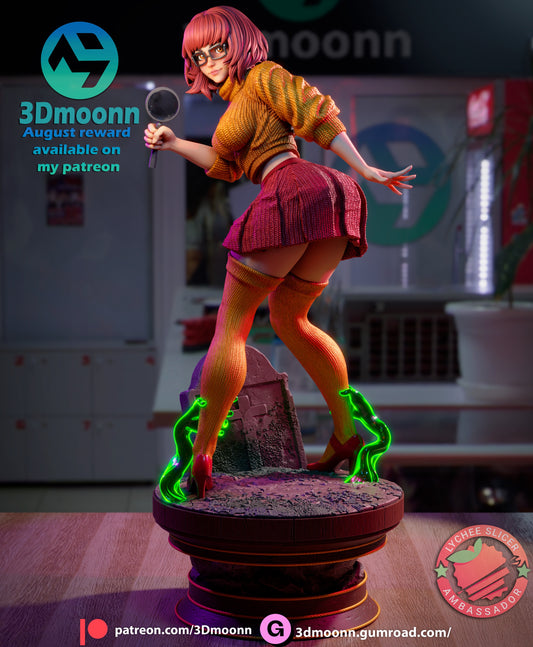 Full view of adult Velma statue, posed mid-investigation with hand extended, magnifying glass ready, on supernatural-themed base.