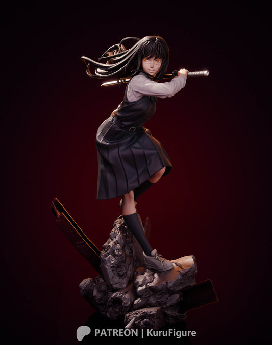 Asa Mitaka Chainsaw Man figure full body view posed mid-strike on rocky rubble base with embedded metal beams