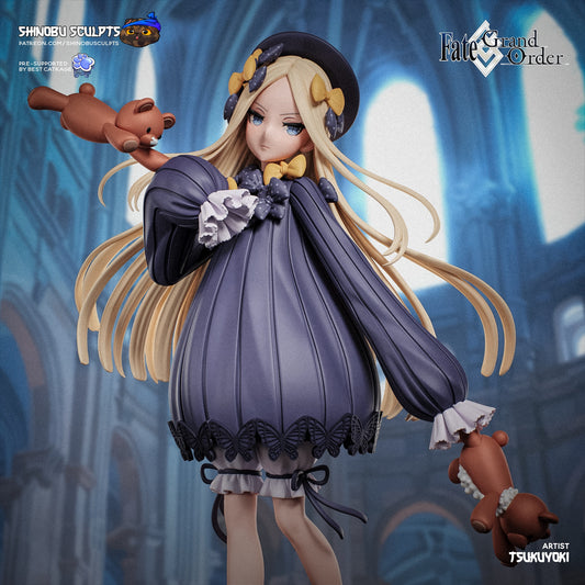 Painted render of Abigail Williams collectible statue in purple dress with bows, hat, long blonde hair, and teddy bears on swirling base.